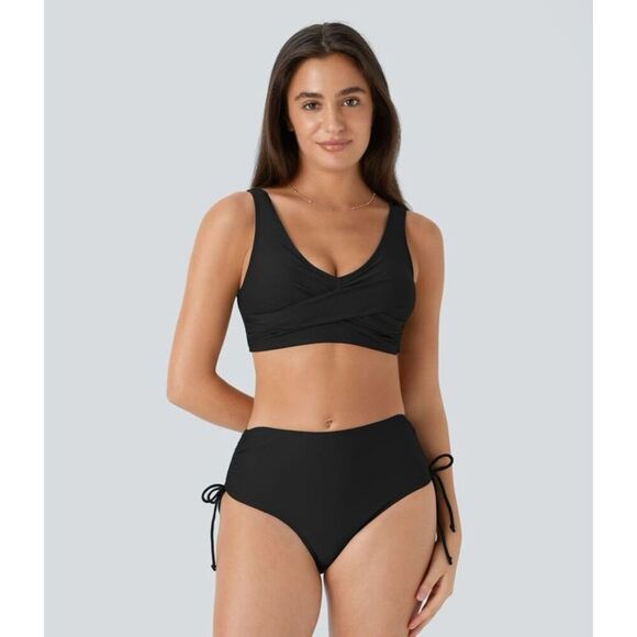Halara Other - Halara Solid V Neck Tie Side Bikini Set Black Swimsuit Size M NWT